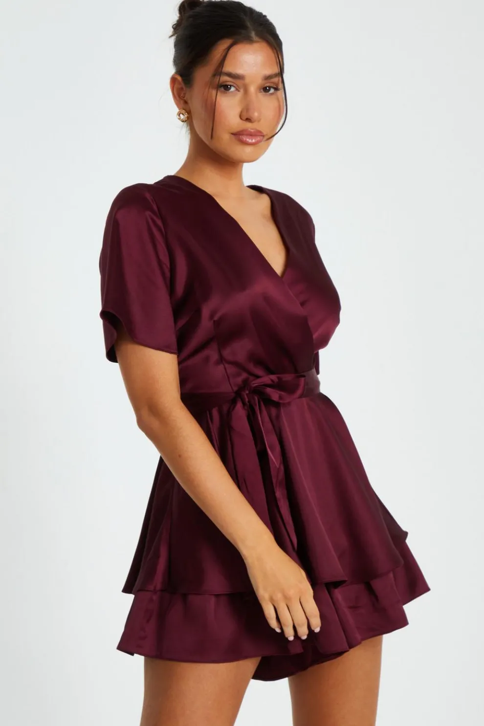 Dark Red Satin Wrap Tiered Playsuit