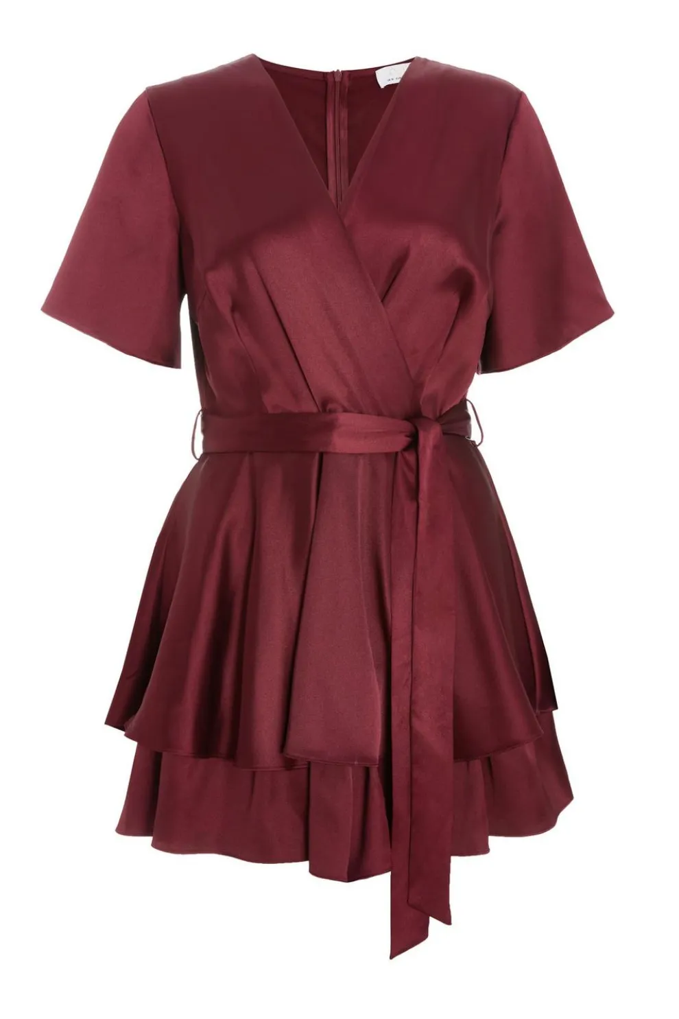 Dark Red Satin Wrap Tiered Playsuit