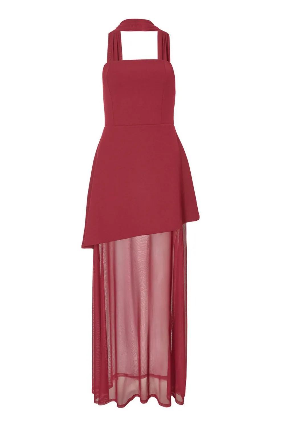 Dark Red Strapless Mesh Hem Maxi Dress
