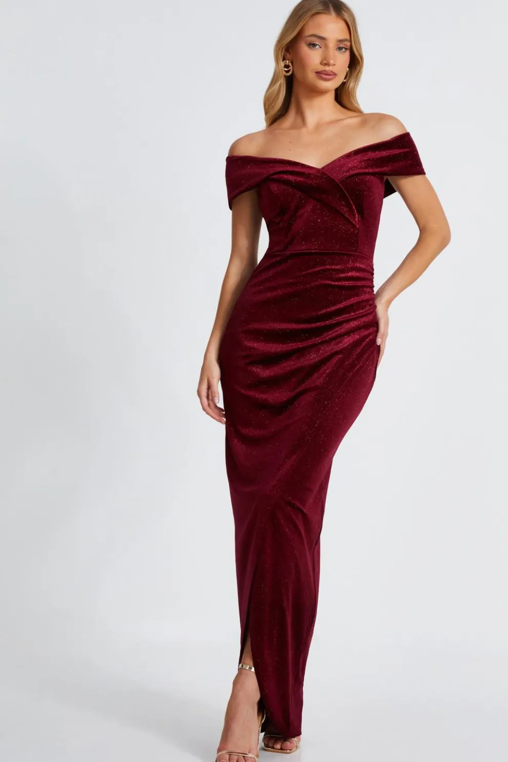 Dark Red Velvet Bardot Maxi Dress