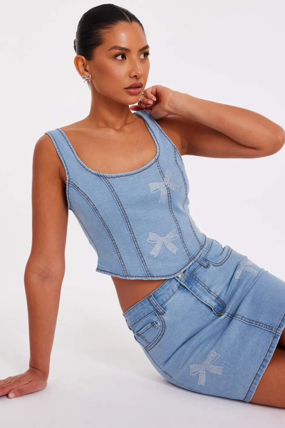 Denim Bow Embellished Crop Top