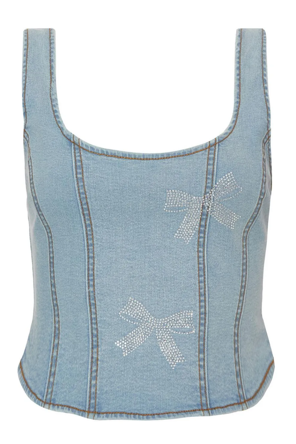 Denim Bow Embellished Crop Top