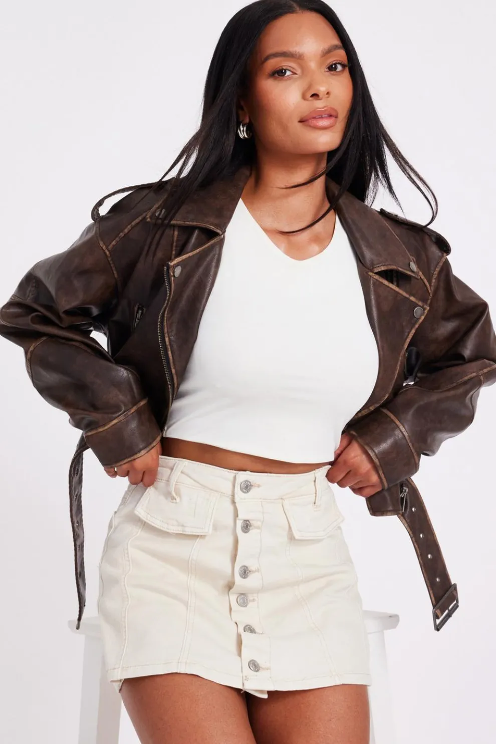 Ecru Denim Button Front Skort