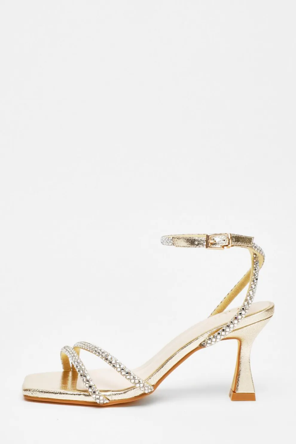 Gold Diamante Asymmetric Heeled Sandals