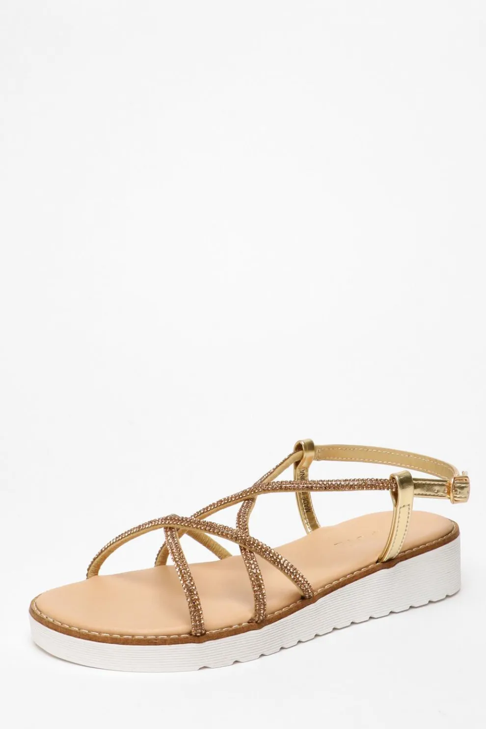 Gold Diamante Cross Strap Flatform Sandals