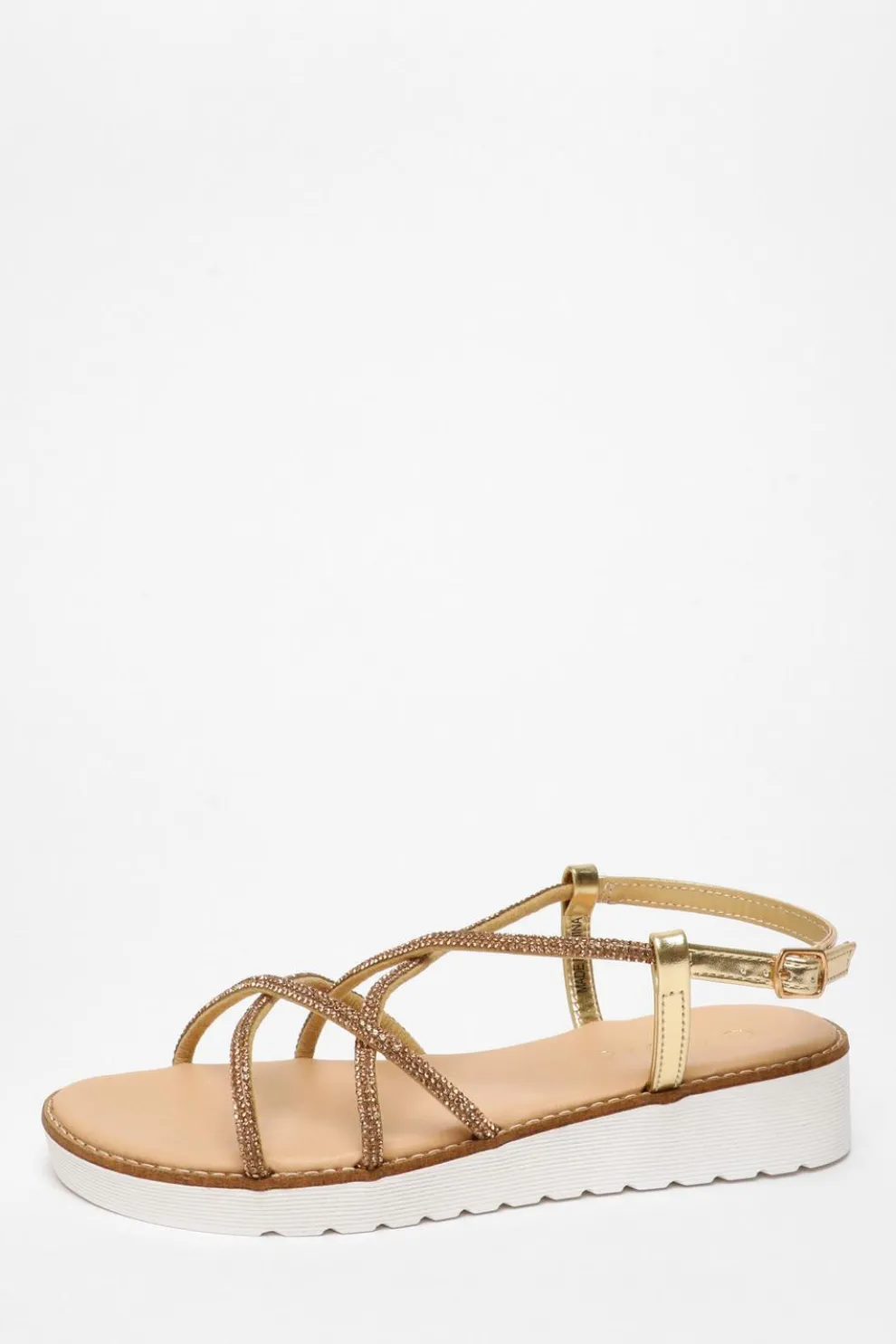 Gold Diamante Cross Strap Flatform Sandals