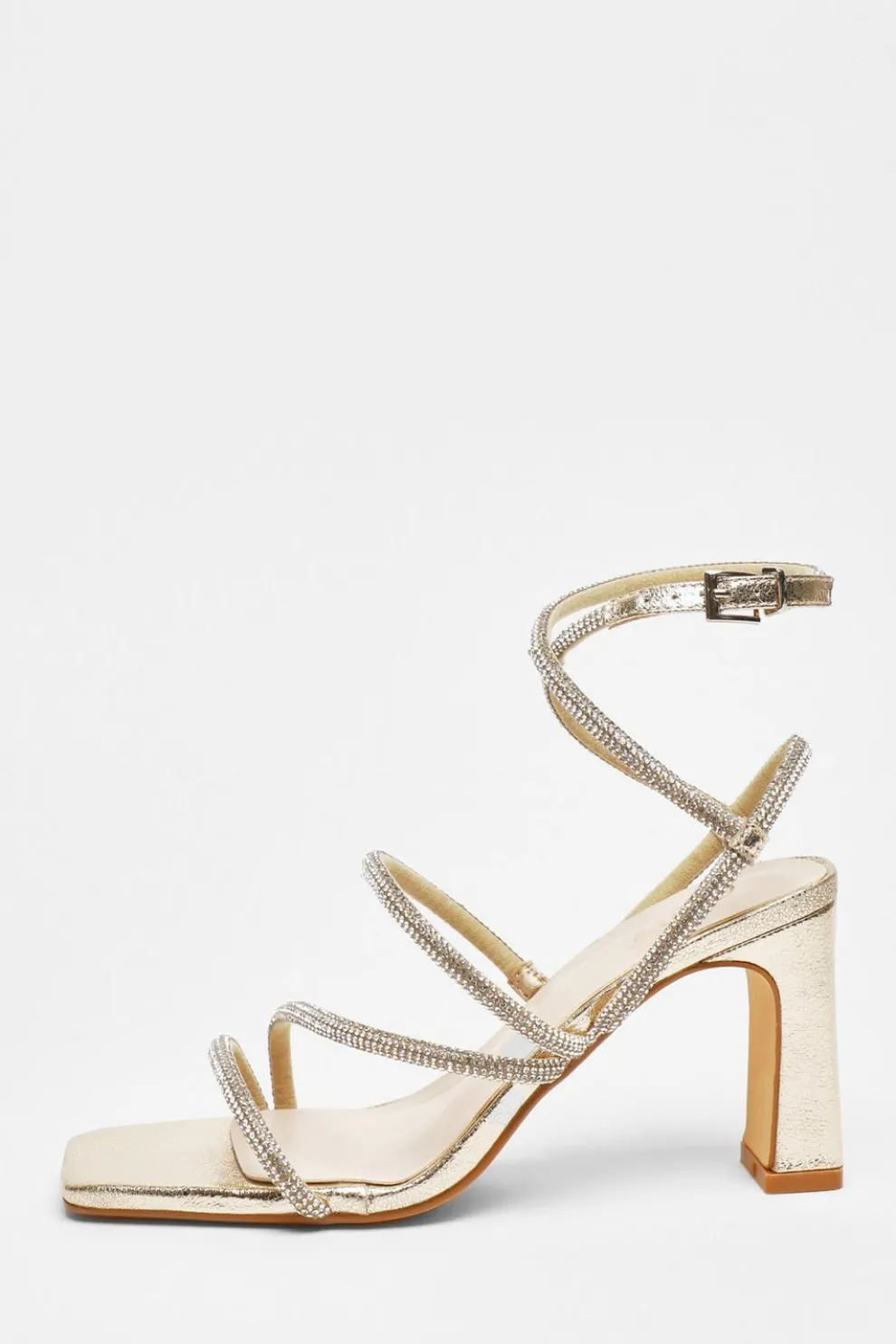 Gold Diamante Strappy Block Heeled Sandals