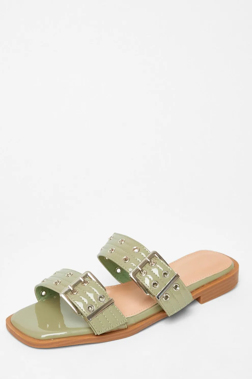 Green Buckle Flat Sandals