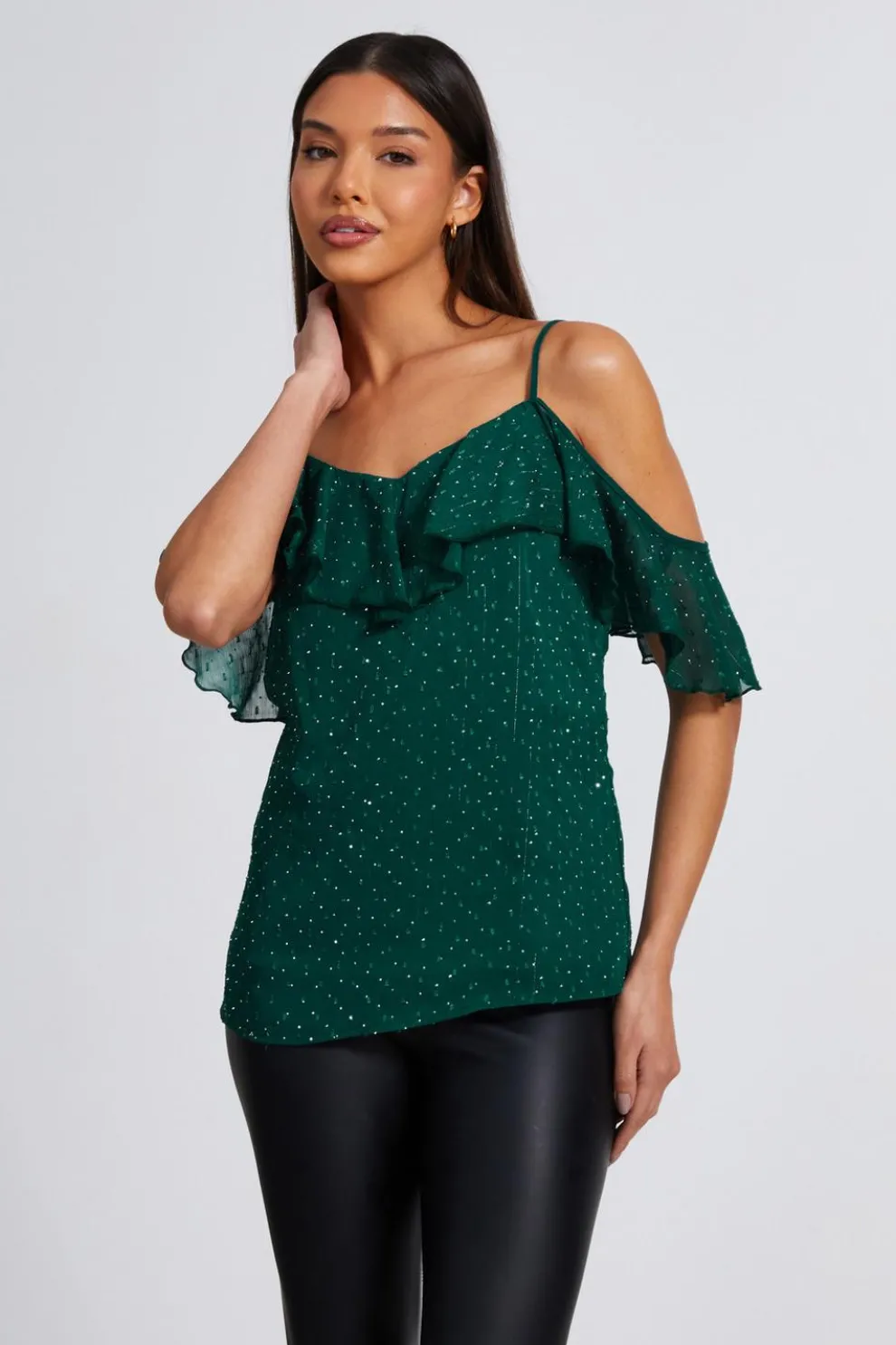Green Chiffon Cold Shoulder Top