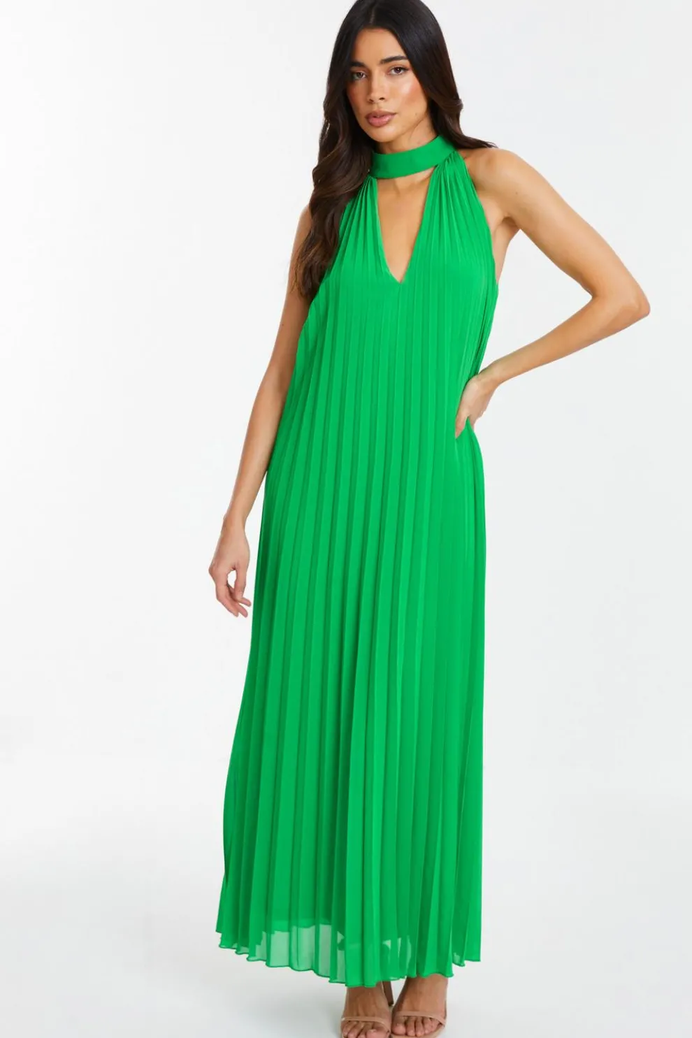 Green Chiffon Pleated Maxi Dress