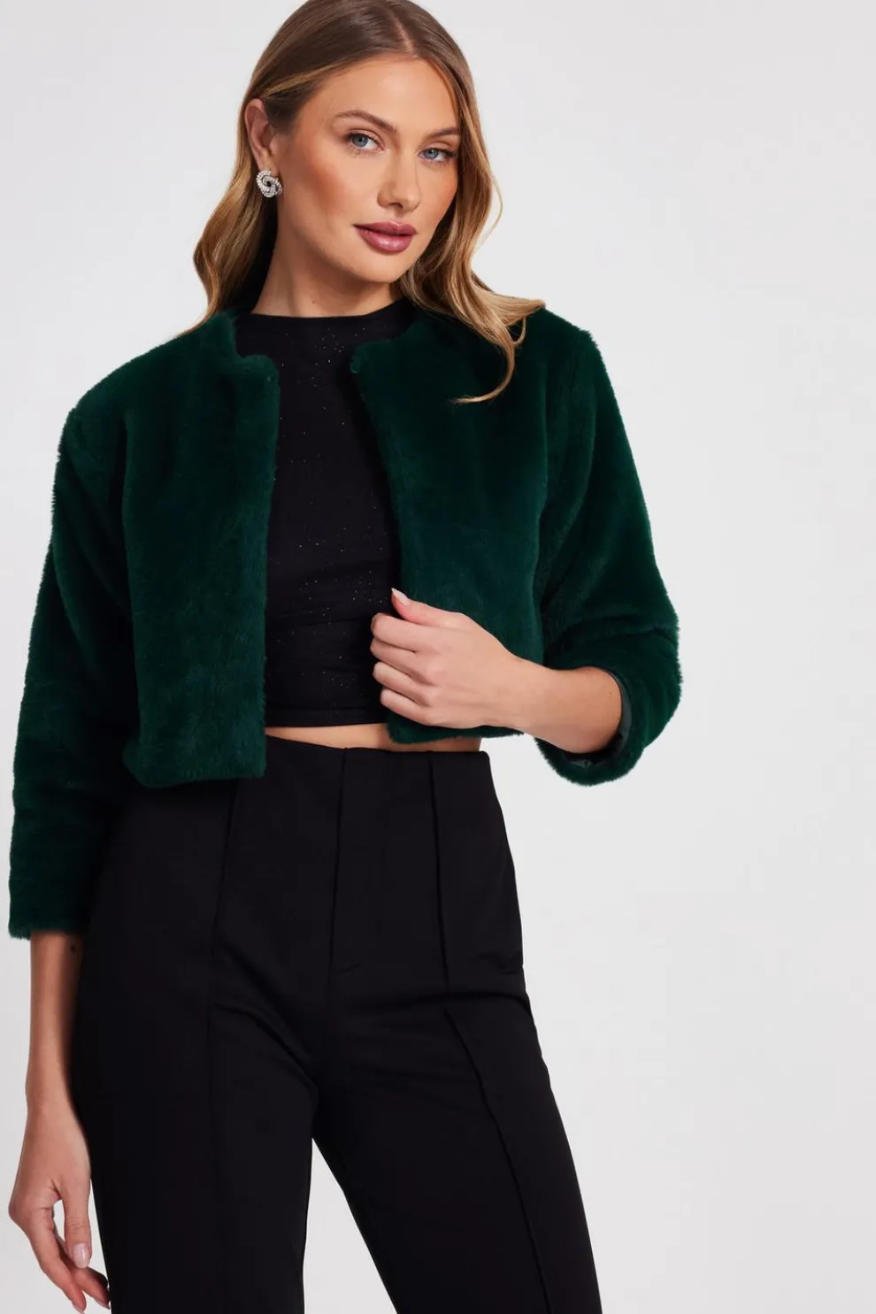 Green Faux Fur Long Sleeve Cape