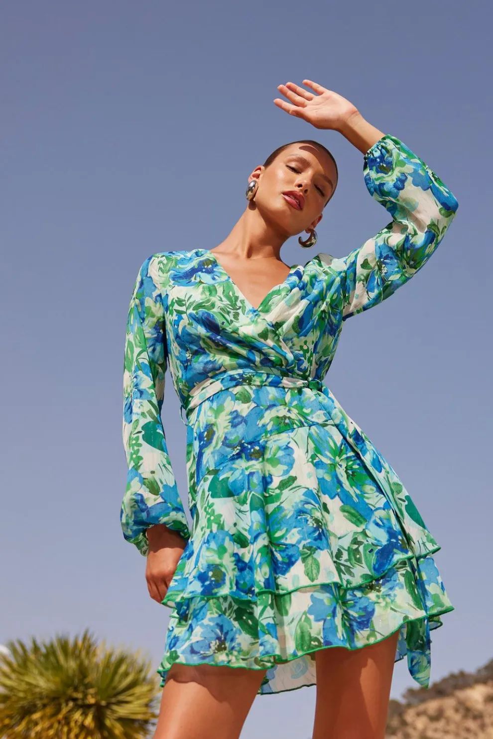 Green Floral Wrap Chiffon Skater Dress