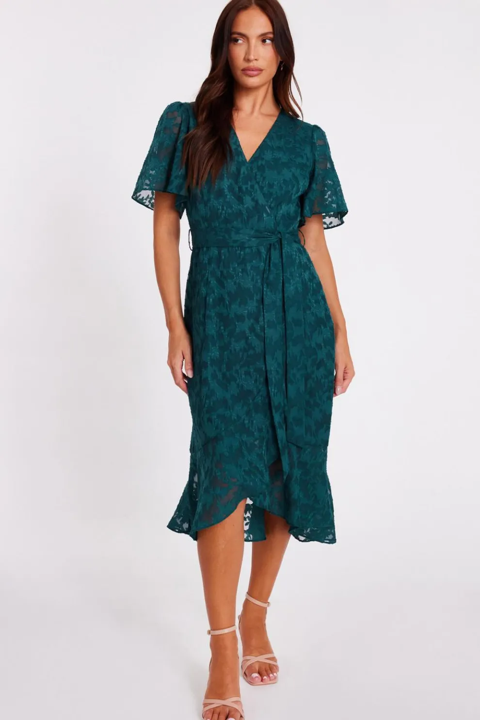 Green Jacquard Wrap Midi Dress