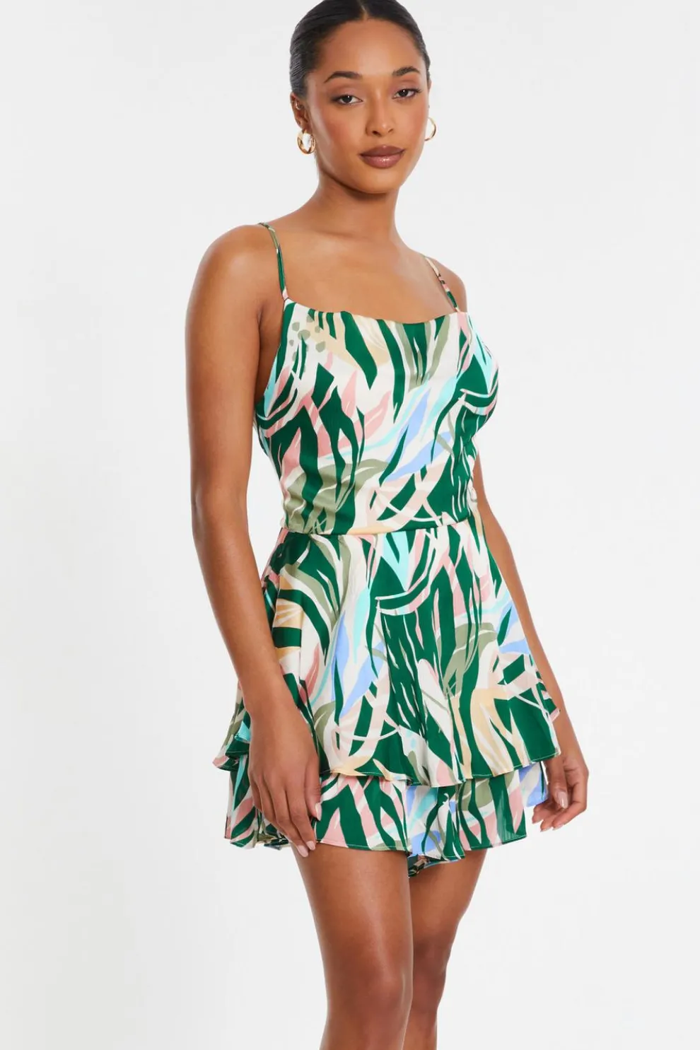 Green Tropical Print Satin Playsuit