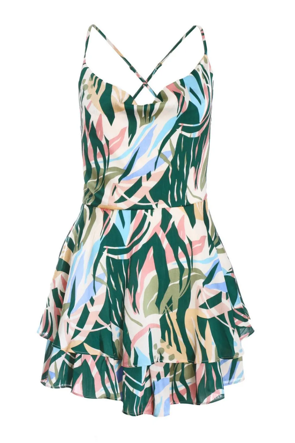 Green Tropical Print Satin Playsuit