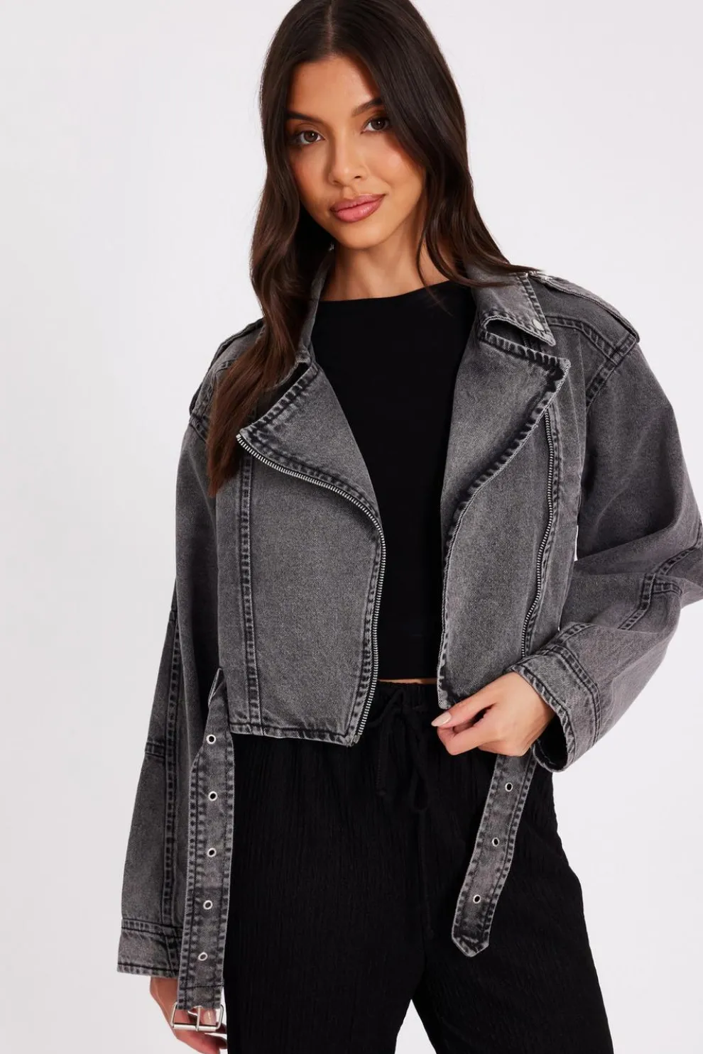 Grey Denim Biker Jacket