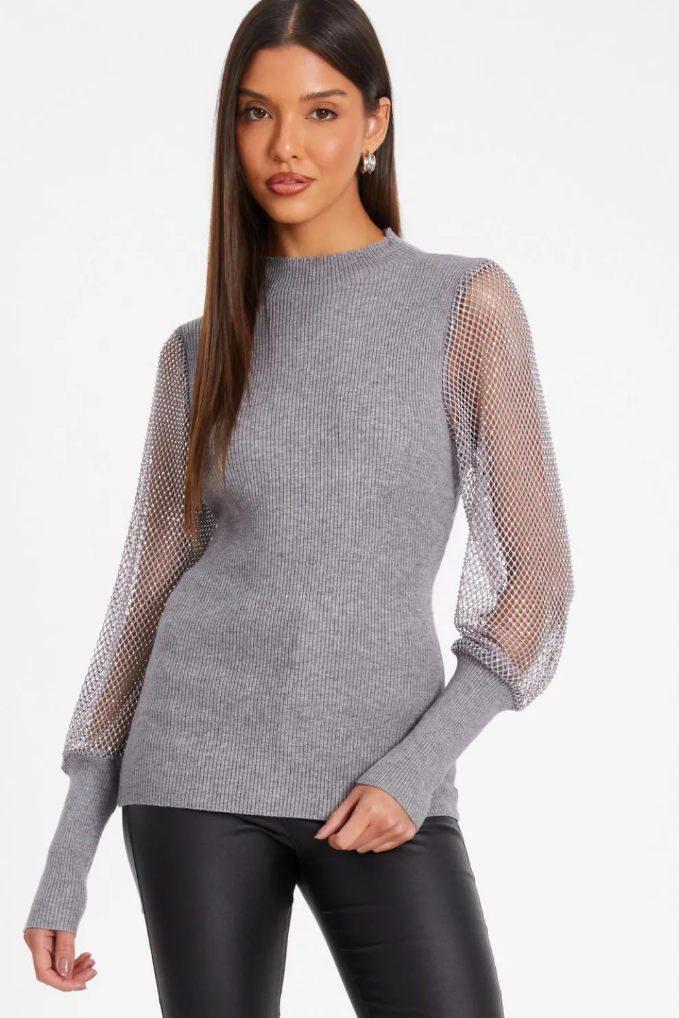 Grey Knit Diamante Sleeve Jumper