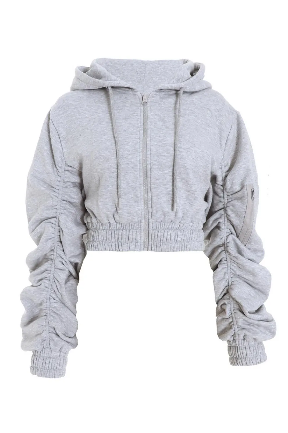 Grey Ruched Sleeve Cropped Hoodie