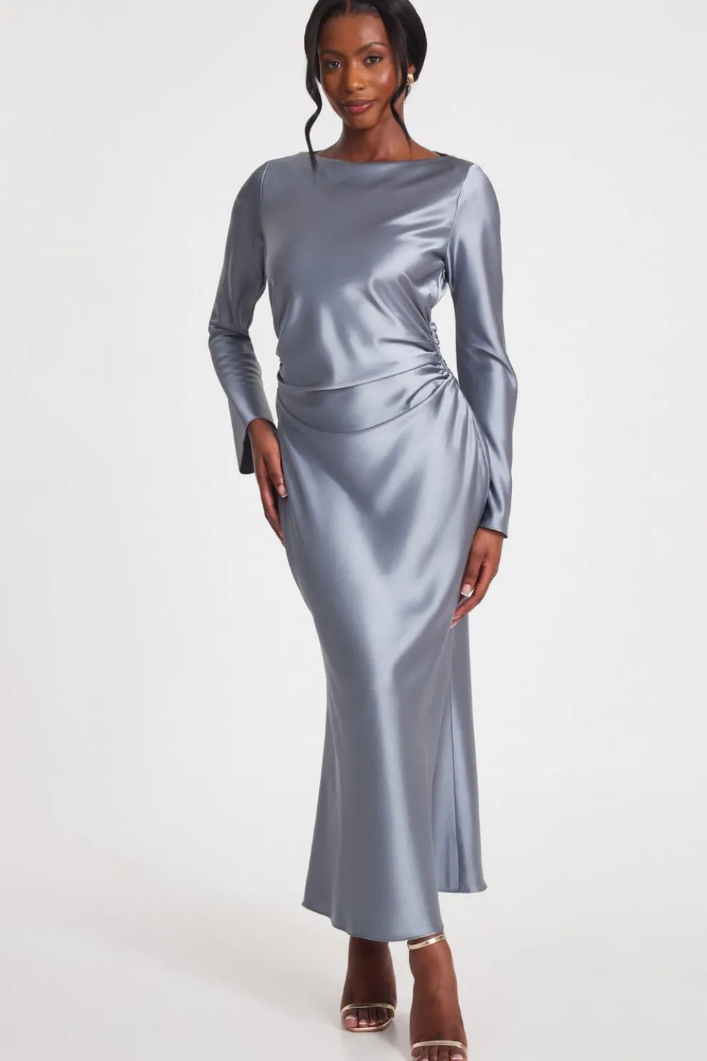 Grey Satin Ruched Side Midaxi Dress