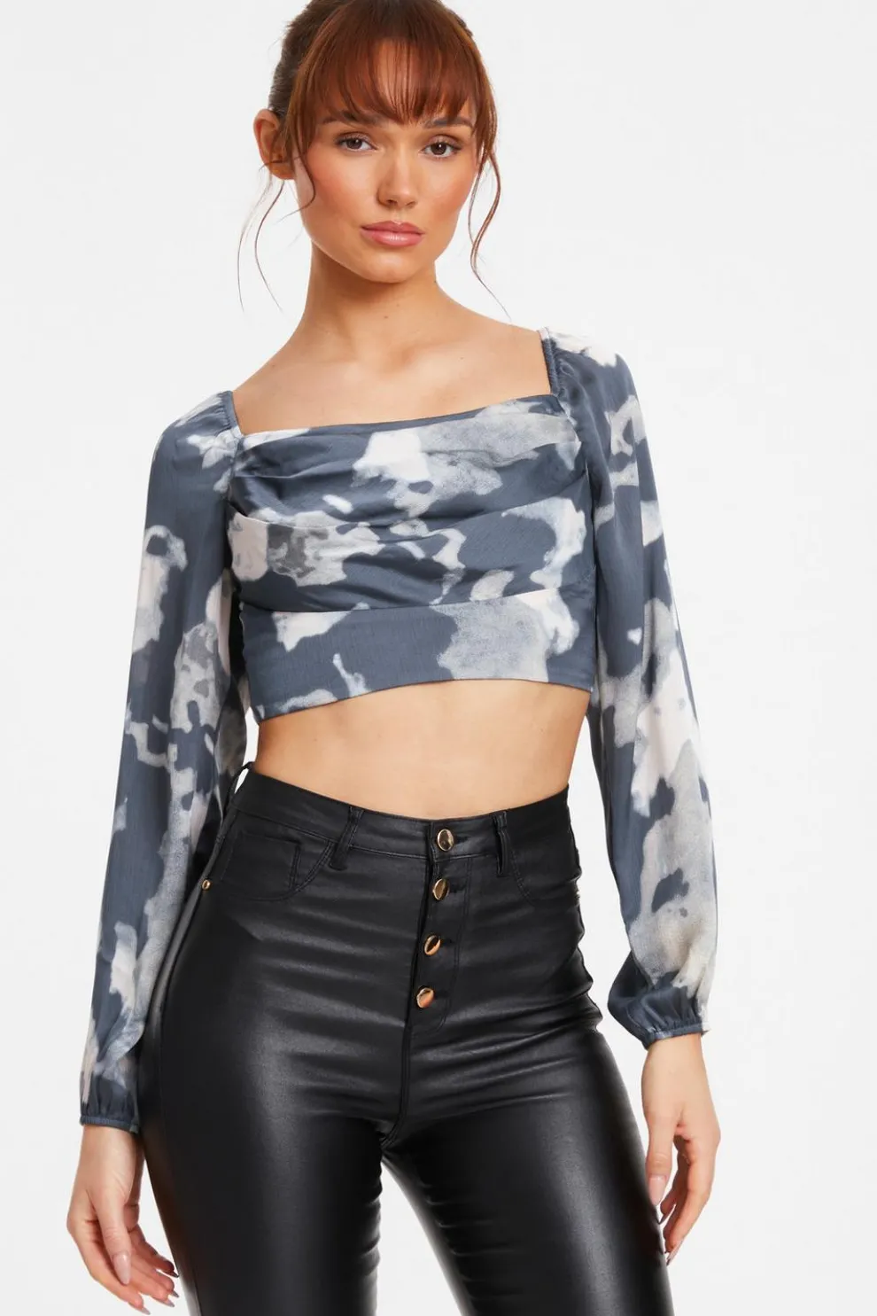 Grey Satin Smudge Print Cropped Top