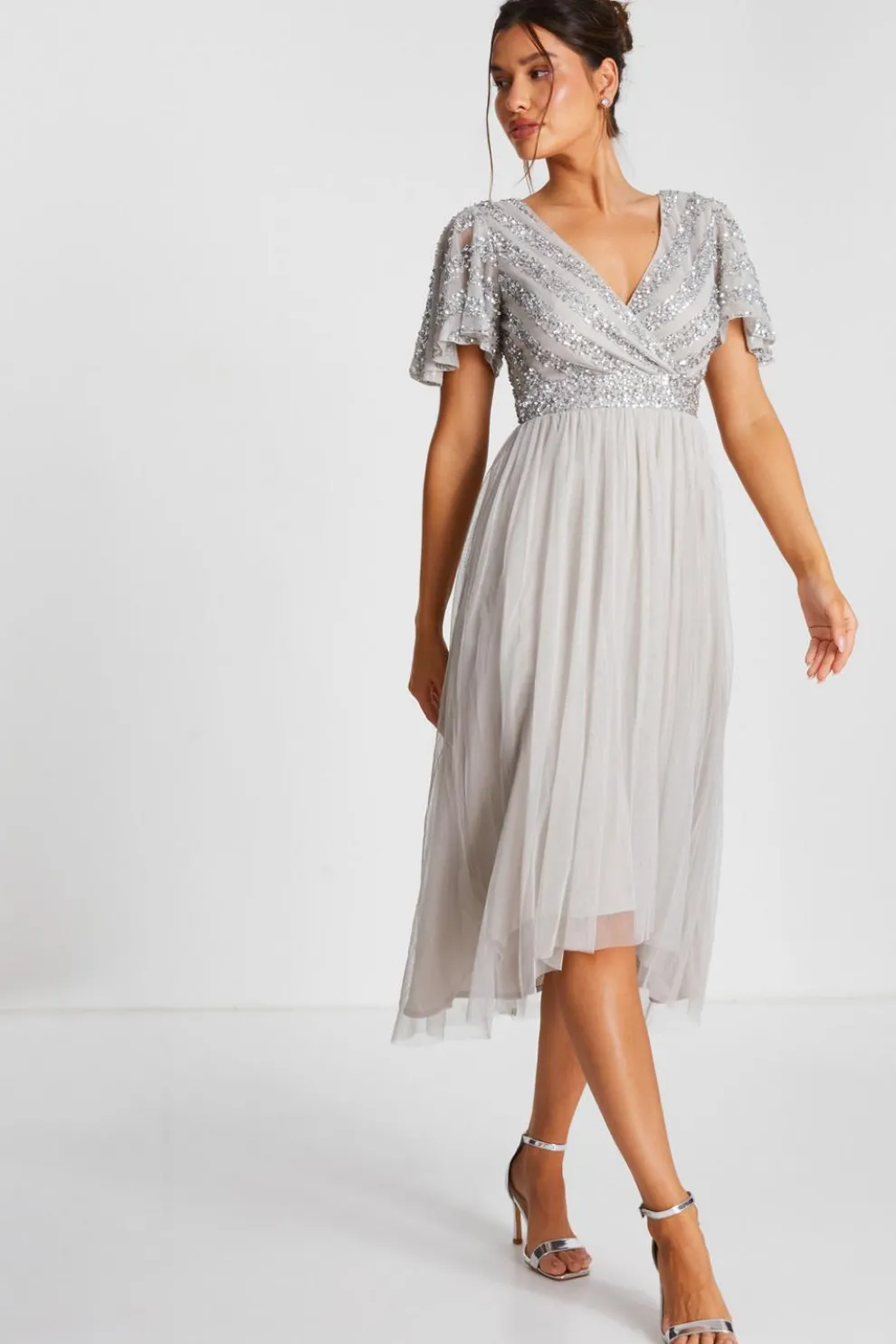 Grey Sequin Wrap Tulle Midi Dress