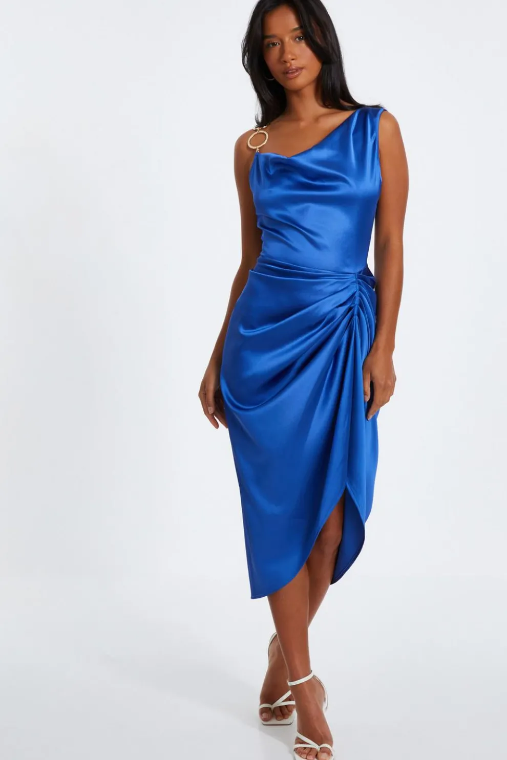 Indigo Satin Ruched Midi Dress