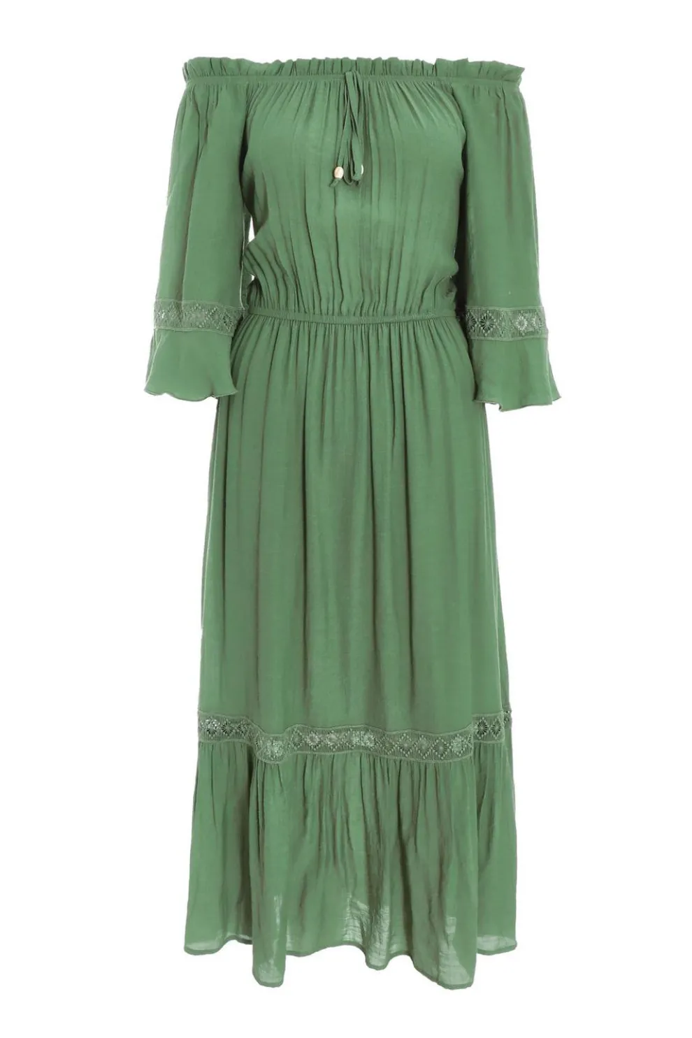 Khaki Bardot Crochet Midaxi Dress