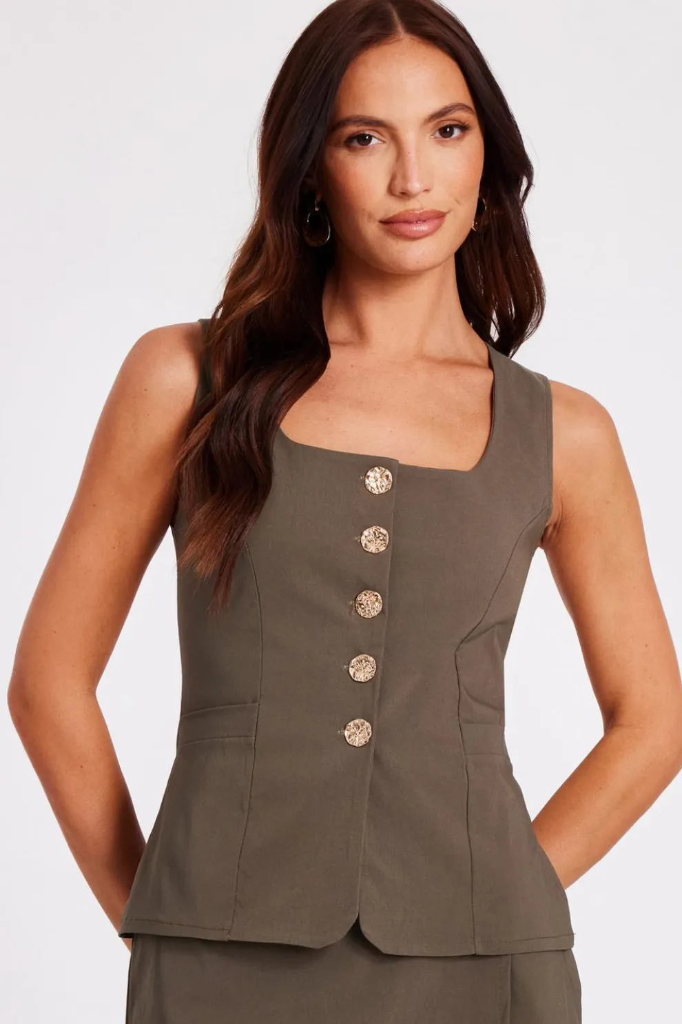 Khaki Button Front Waistcoat
