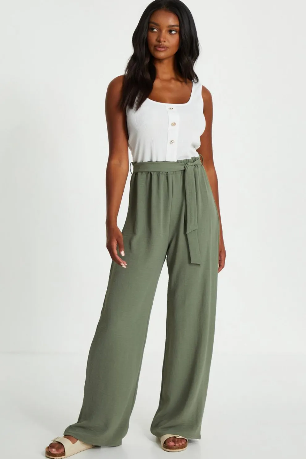Khaki Contrast Ribbed Palazzo Jumpsuit