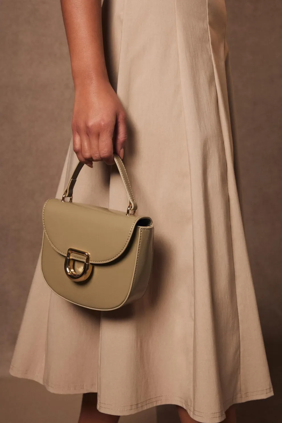 Khaki Faux Leather Top Handle Bag