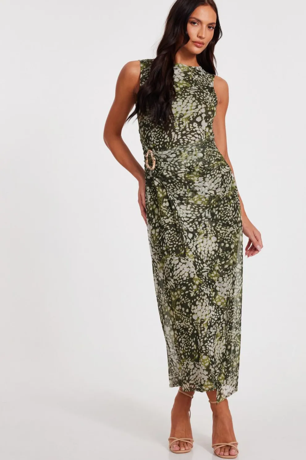 Khaki Mesh Animal Print Midaxi Dress