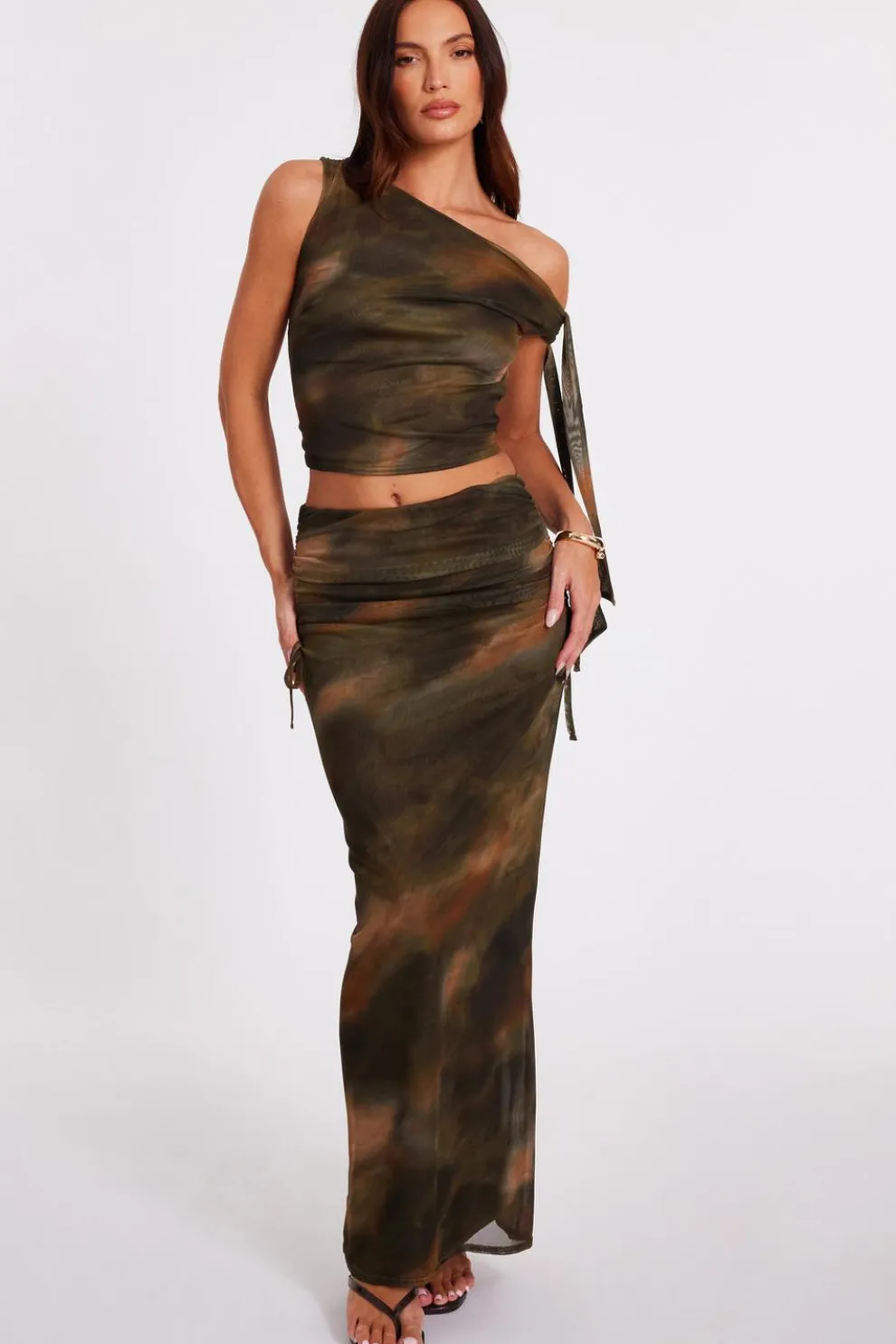 Khaki Mesh Ruched Midaxi Skirt