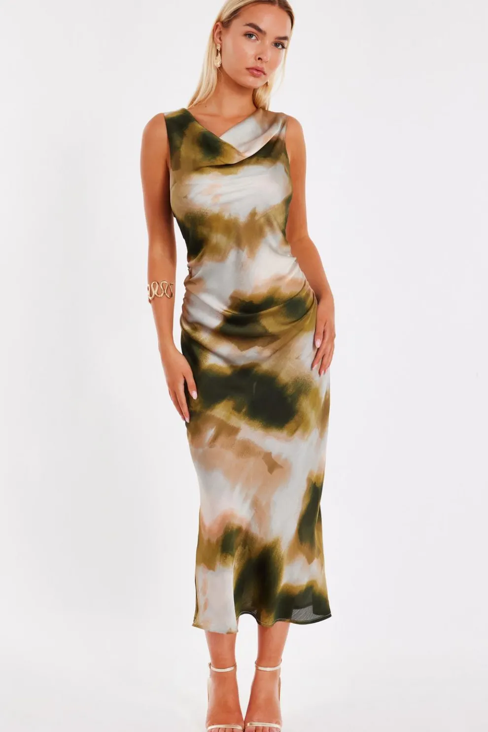 Khaki Printed Satin Midaxi Dress