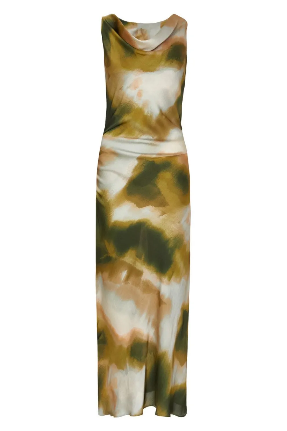 Khaki Printed Satin Midaxi Dress