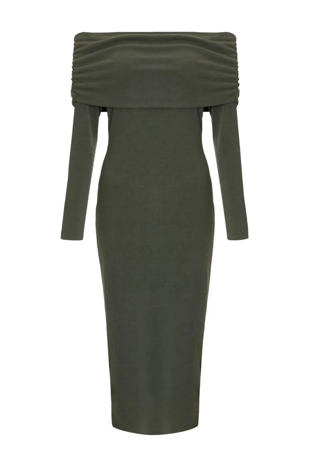 Khaki Ribbed Bardot Midi Dress