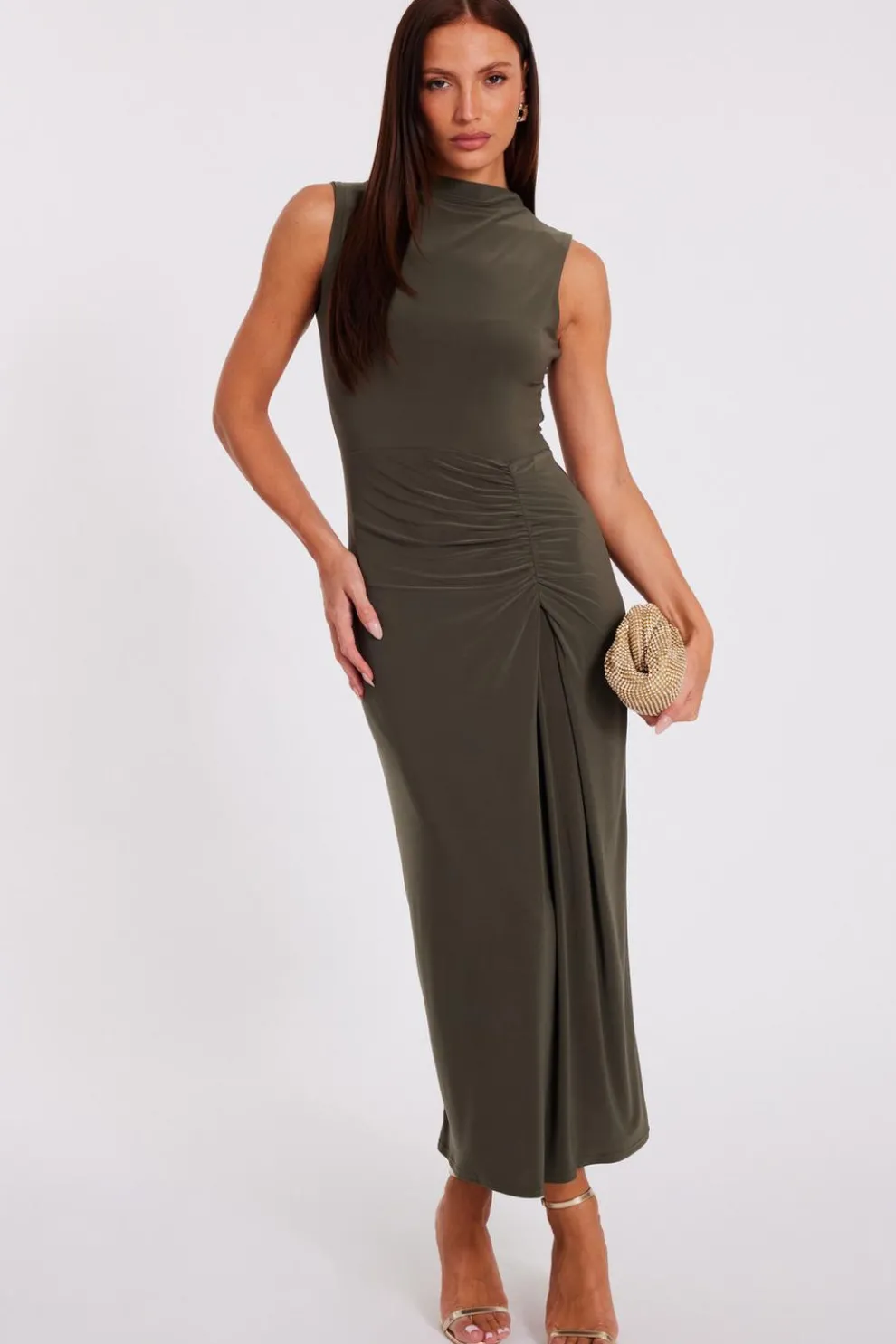 Khaki Ruched Bodycon Midaxi Dress