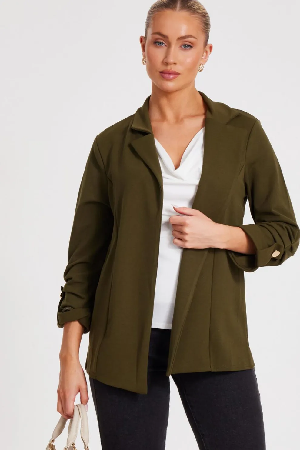 Khaki Ruched Sleeve Blazer