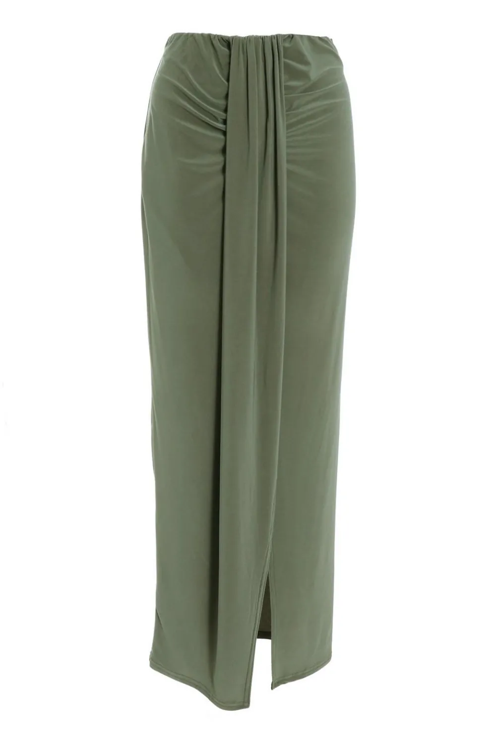 Khaki Ruched Split Maxi Skirt