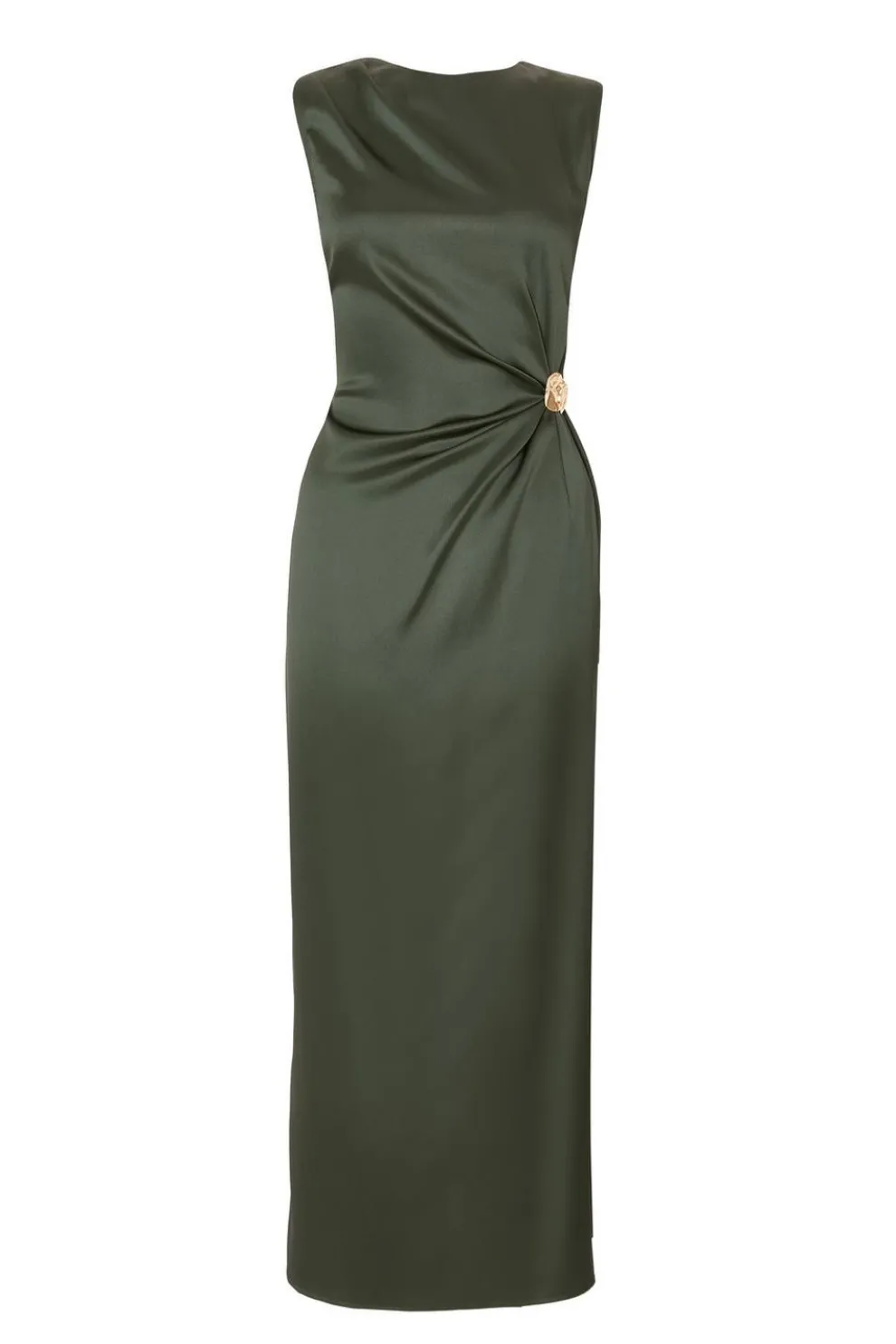 Khaki Satin Buckle Side Midaxi Dress