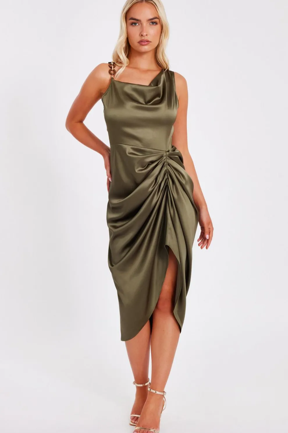 Khaki Satin Ruched Midi Dress