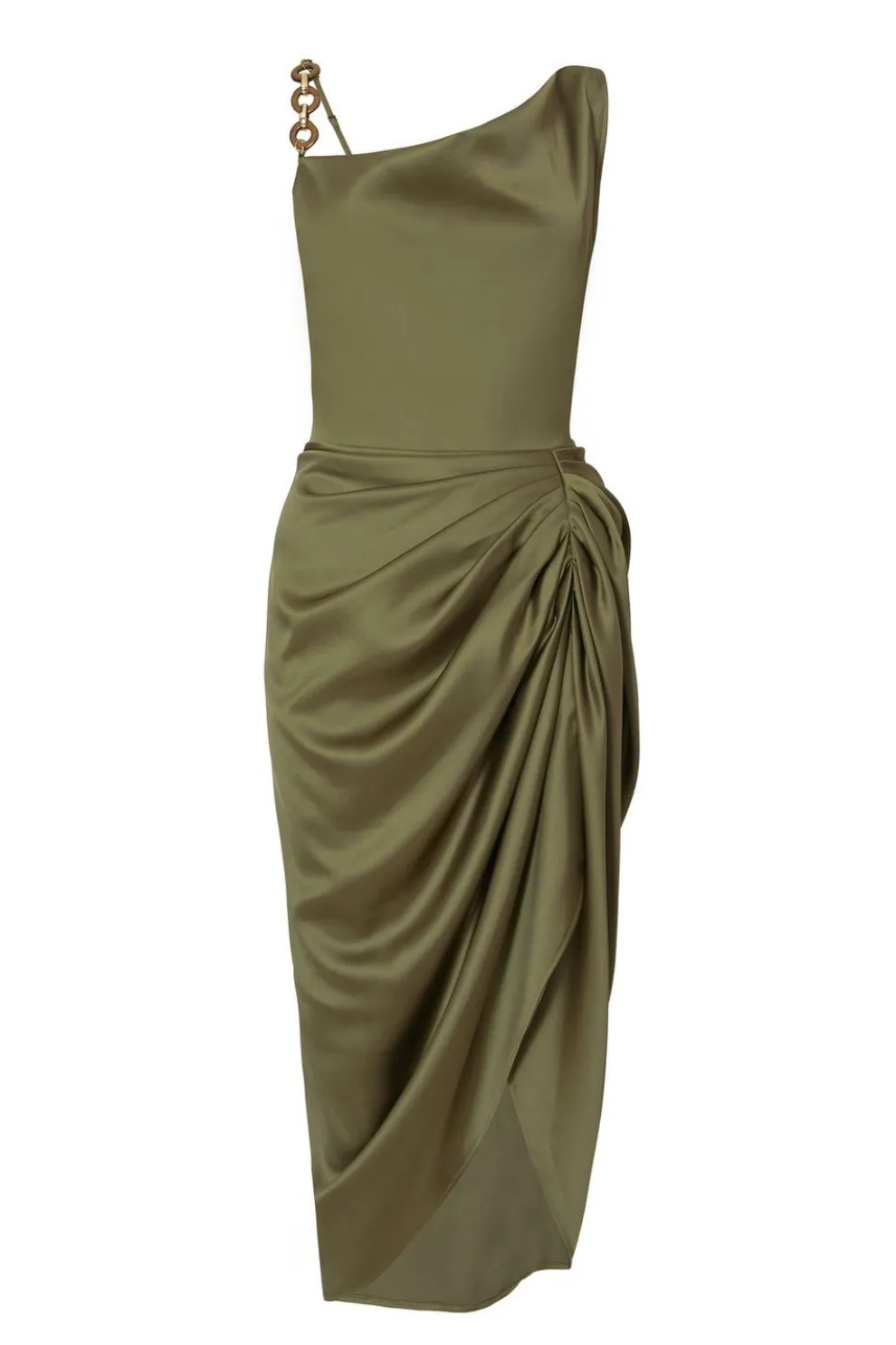 Khaki Satin Ruched Midi Dress