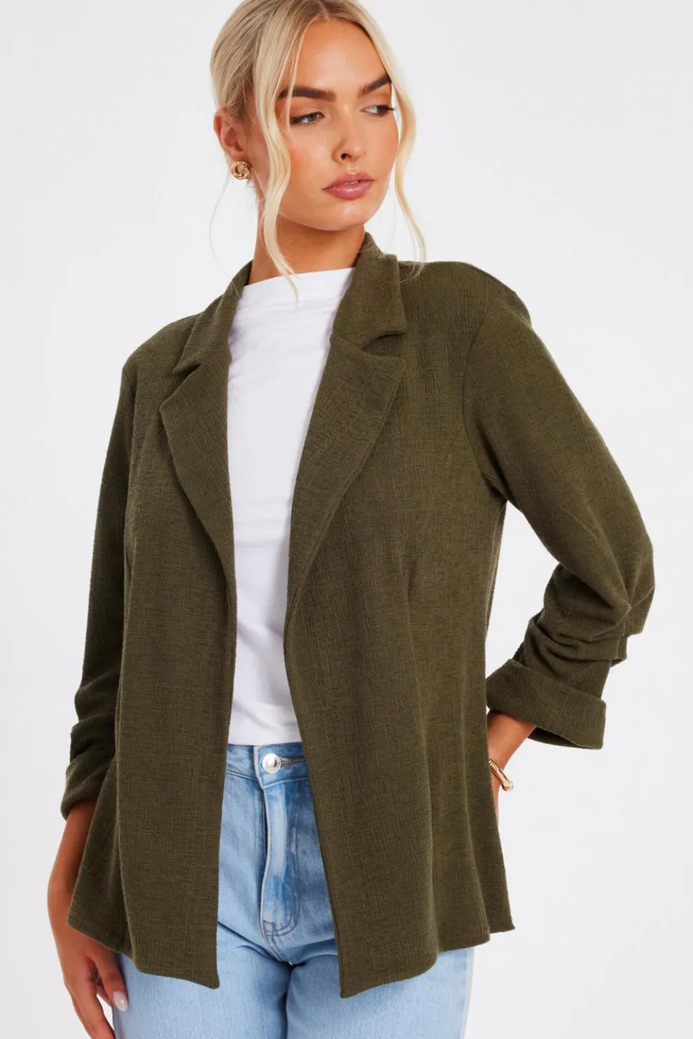 Khaki Textured Ruched Sleeve Blazer