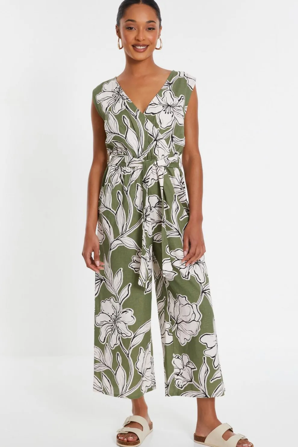 Khaki Tropical Print Wrap Jumpsuit