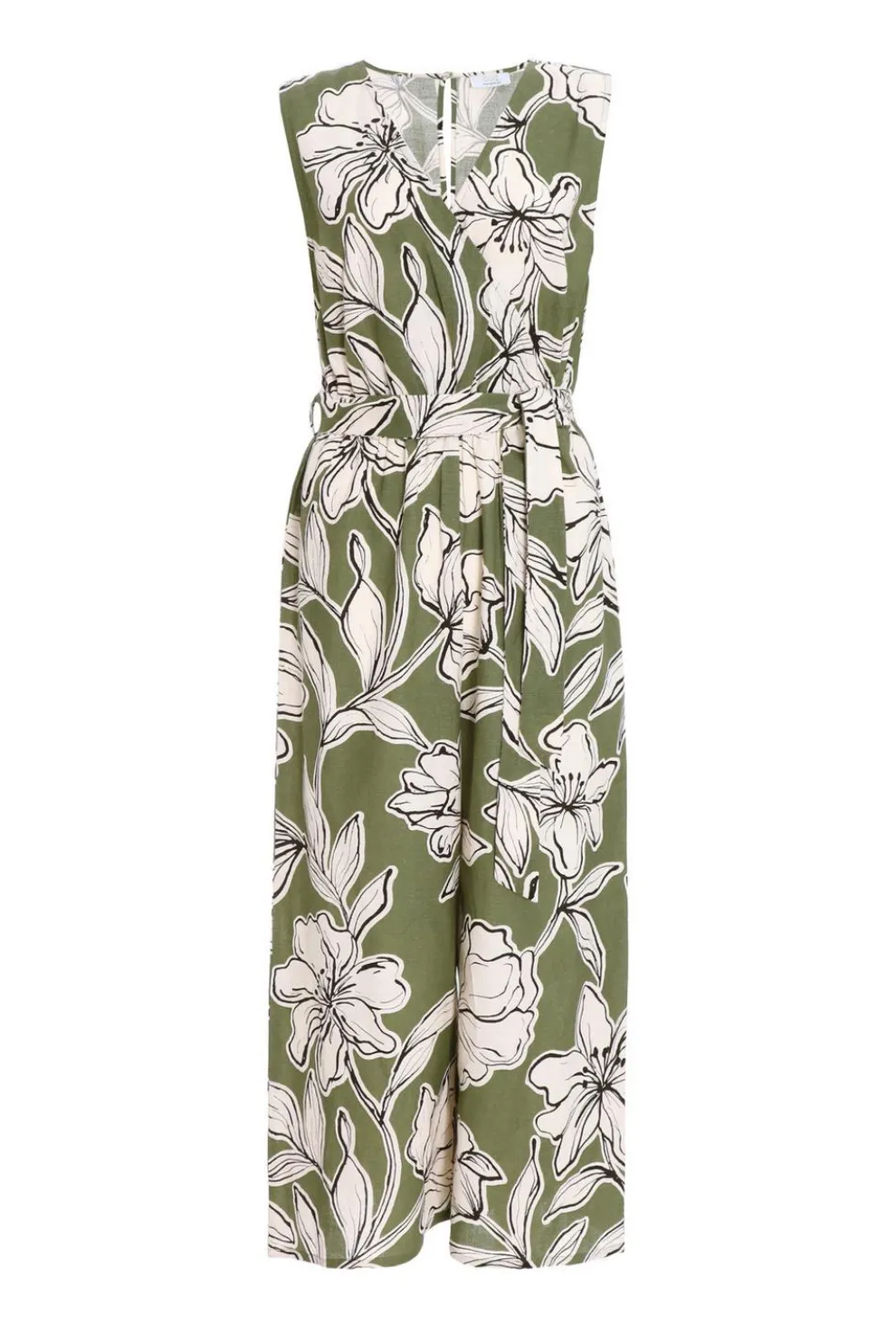 Khaki Tropical Print Wrap Jumpsuit