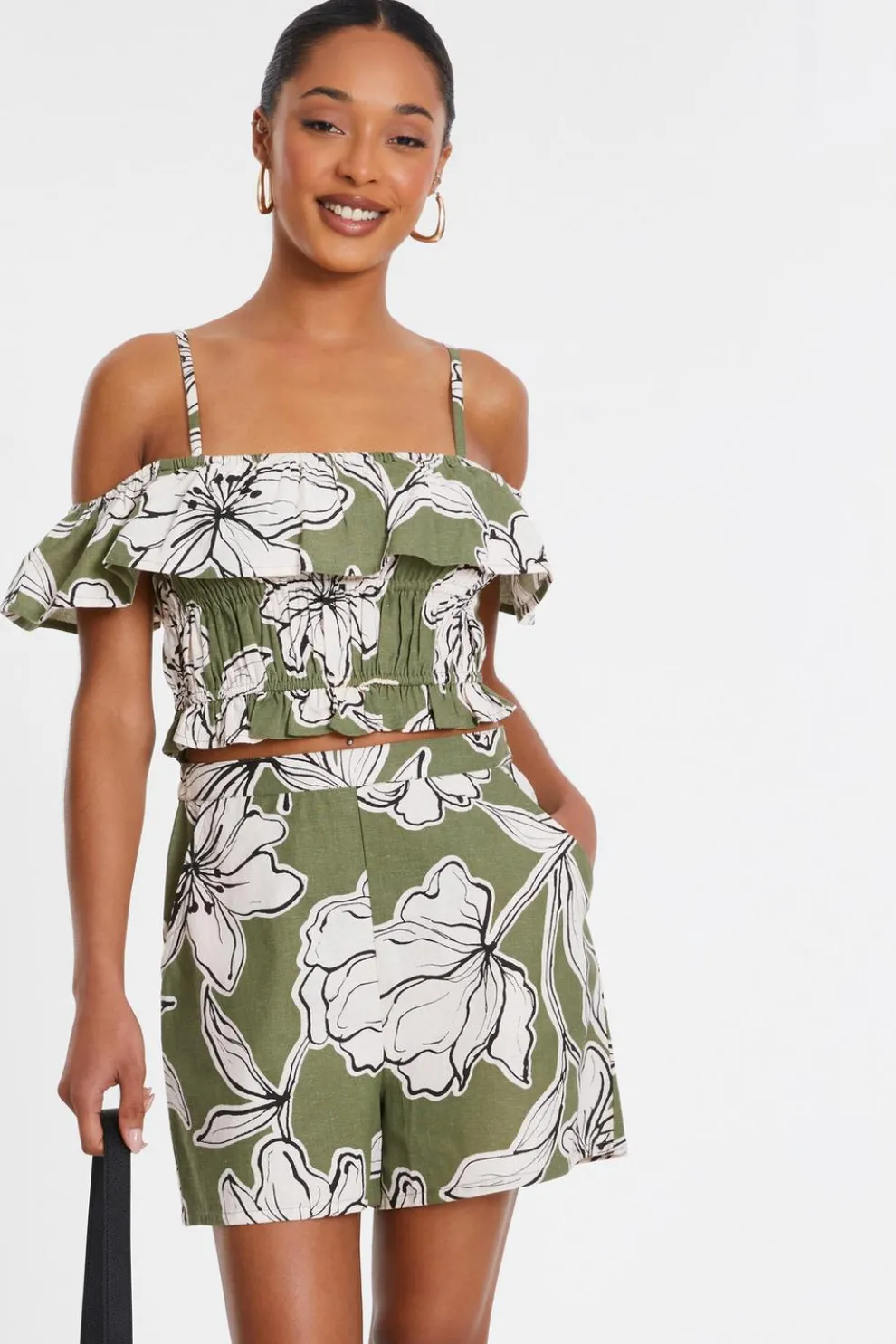 Khaki Tropical Print Bardot Crop Top