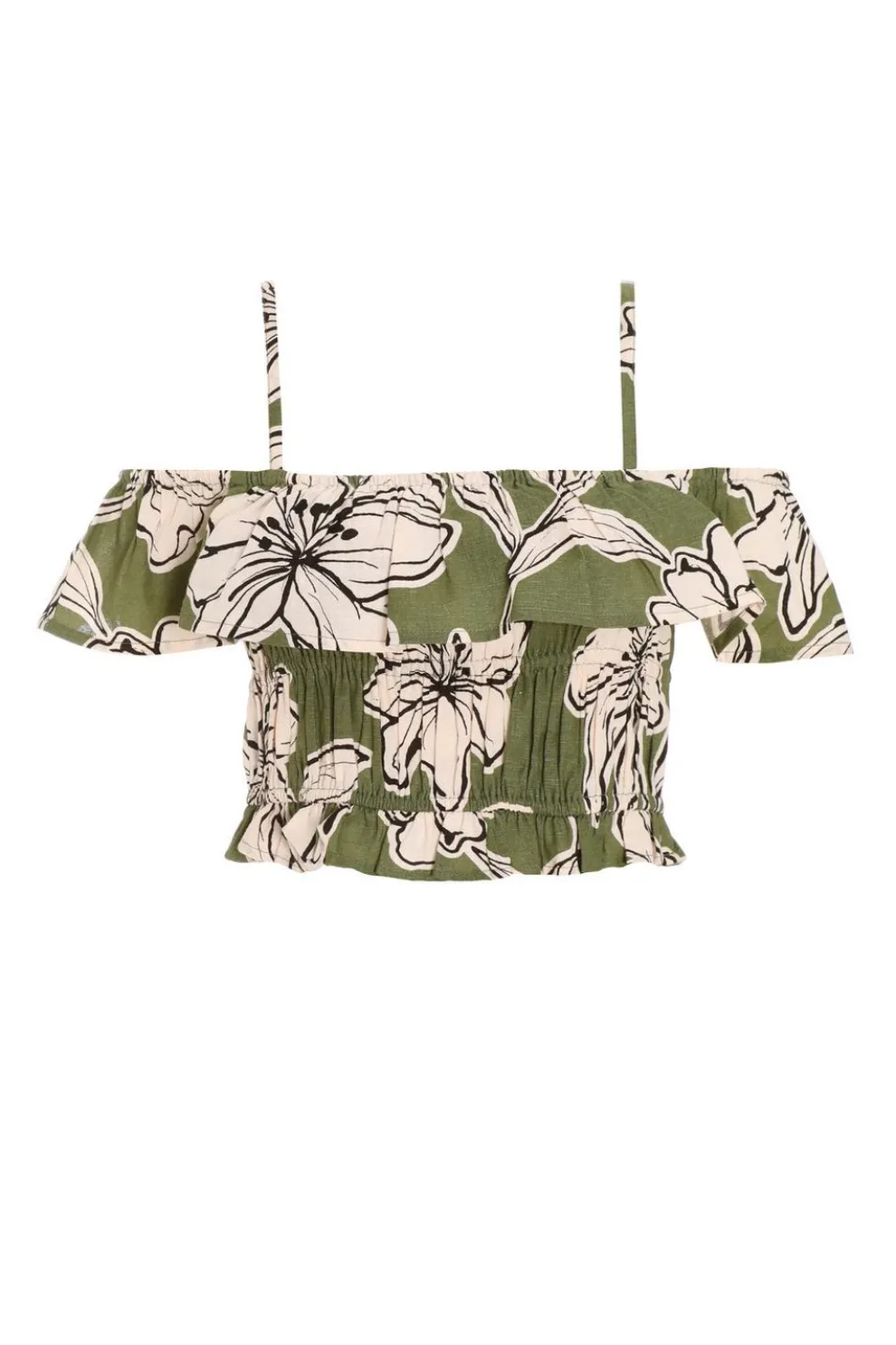 Khaki Tropical Print Bardot Crop Top