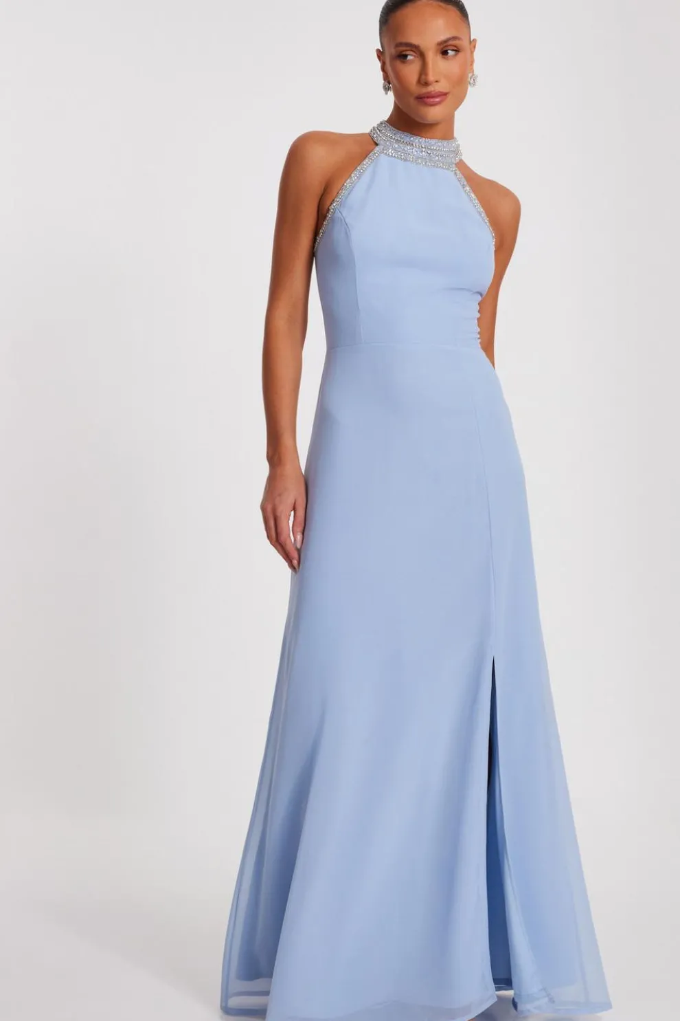Light Blue Embellished Chiffon Maxi Dress