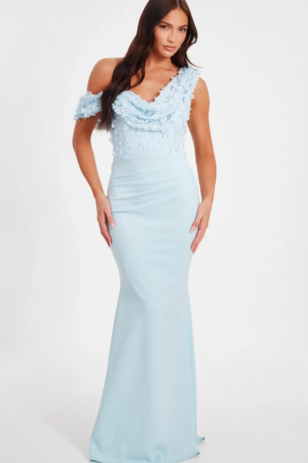 Light Blue Floral Ruched Maxi Dress