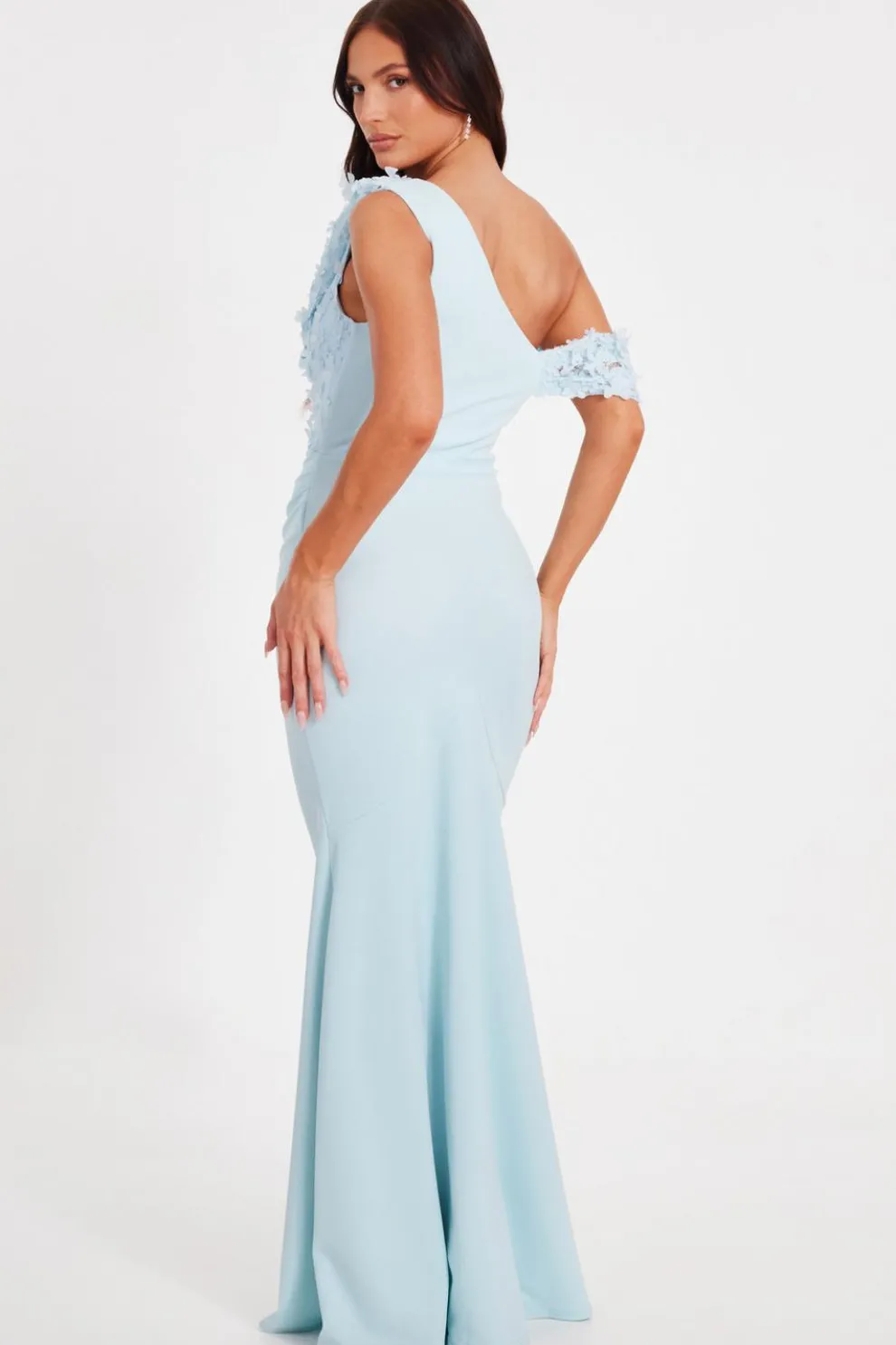 Light Blue Floral Ruched Maxi Dress