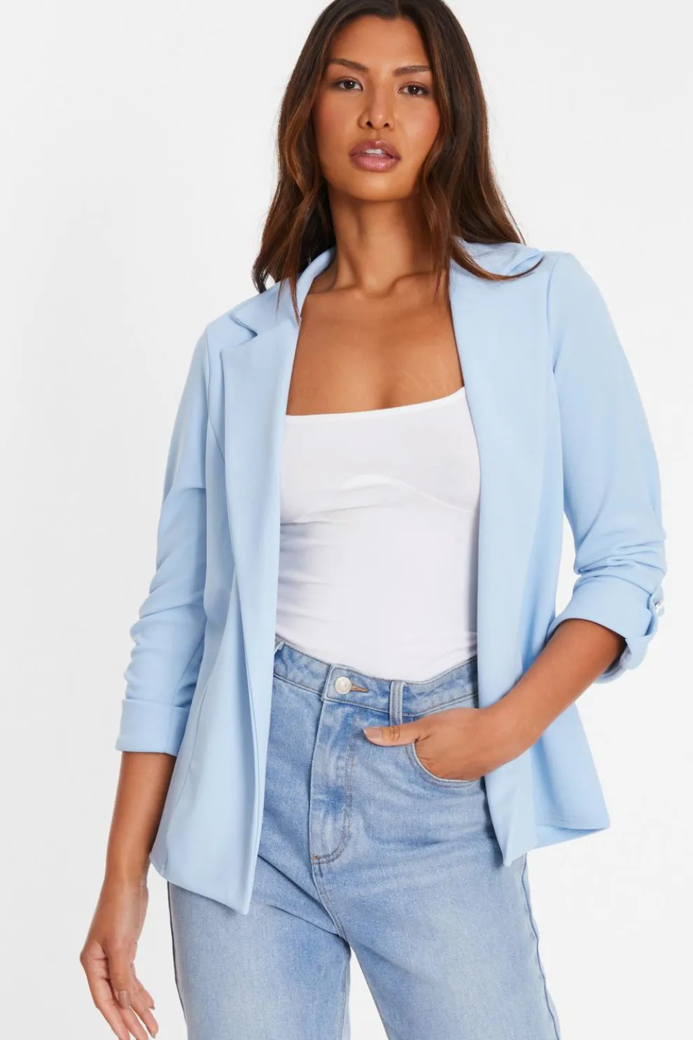 Light Blue Ruched Sleeve Blazer